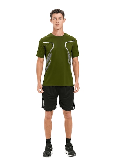 Genius Store Erkek Spor Tişört Antreman Gym Polyester Erkek Sporcu T-shirt Şeritli-tişört Haki