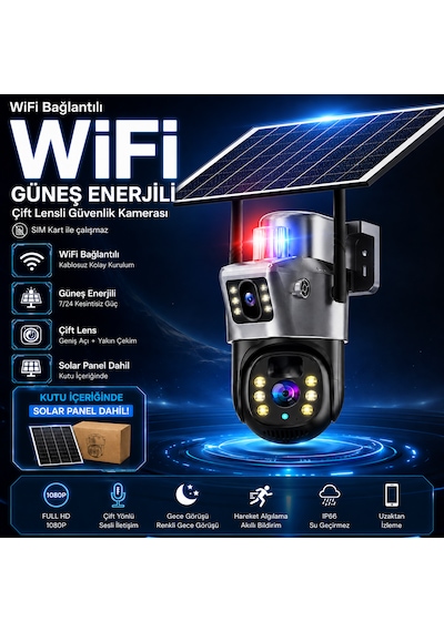 6mp Solar Wifi Çift Lensli Ptz Güvenlik Kamerası 360 Dönüş Hareket Algılama Gece Görüşü Uzaktan İzleme Ip66 Dış Mekan Kamera