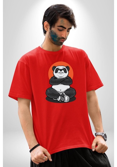 Yoga Panda Pamuklu Bisiklet Yaka Unisex Oversize Boyfriend Dijital Baskılı Kırmızı T-shirt Kırmızı