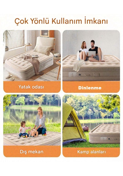 Tk-1 Kendinden Şişen Tek Kişilik Şişme Yatak Hava Pompası Katlanır Hava Yatağı Seti Açık Bej