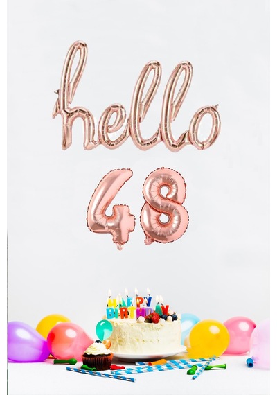48 Yaş Doğum Günü Balonları - Hello 48 El Yazısı Rose Gold Renk Folyo Balon Rose Gold