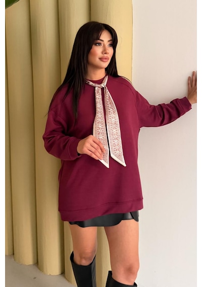 Balenbi Premium Modal Fular Detaylı Bisiklet Yaka Oversize Tunik 1177 Bordo