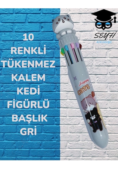 10 Renkli Tükenmez Kalem Kedi Figürlü Başlık Sarı