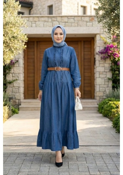 Hb Harma Time Butik Kadın Fırfır Detaylı Düğmeli Kemerli Kot Mavi Elbise Koyu Mavi