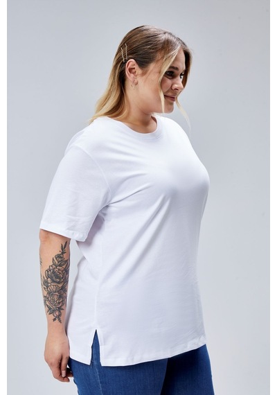 Banega Curve Büyük Beden Beyaz Boyfriend Bisiklet Yaka Yırtmaçlı Pamuk Örme T-shirt Beyaz