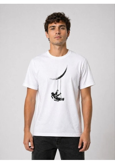Erkek Astronot Ay Temalı Tişört Kısa Kol Yazlık Bisiklet Yaka T-shirt - Beyaz