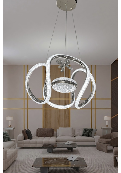 Dünya Eliza Simli Slikonlu Tek Toplu Modern Oturma Led Avizesi - Kumandalı / Krom Krom