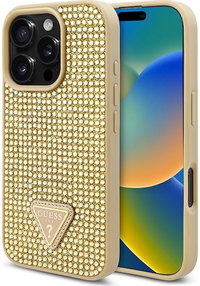 Apple Uyumlu iPhone 16 Pro Max Kılıf Guess Lisanslı Üçgen Logolu Taşlı Kapak Gold