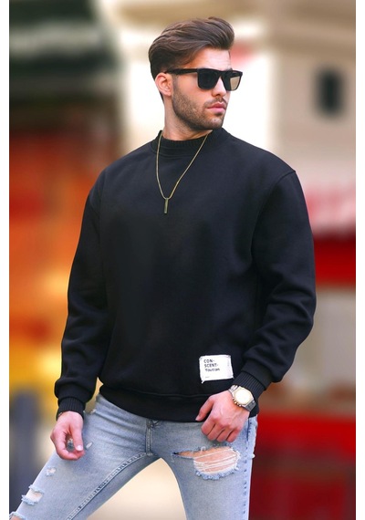 Madmext Siyah Bisiklet Yaka Oversize Şardonlu Arma Detaylı Erkek Sweatshirt 7043-siyah Siyah