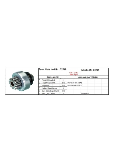 Marş Dişlisi 11 Diş 5 Kanal Valeo Tipi Peugeot 206 307 Renault Megane Tam Freze 1 Ad