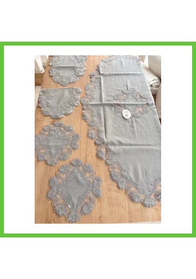 Bezos Salon Takımı Çeyizlik Gri Runner Set 5 Parça Keten Masa Örtüsü Runneri Flowers Dmc