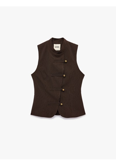 Koton Koton X Selected By Melis Ağazat - Slim Fit Mandarin Yaka Süslü Düğmeli Yelek Kurbağa Kapama Kahverengi Çizgili 7wak20358ew