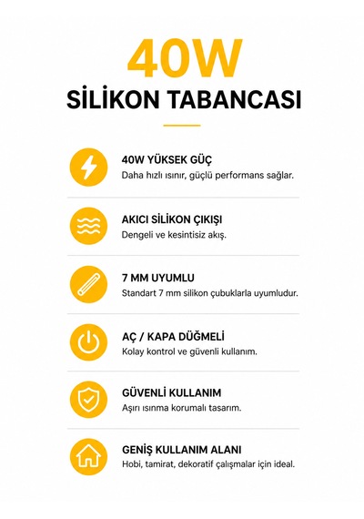 40w Silikon Tabancası Hızlı Isınan, 7 Mm Uyumlu 1 Adet Silikon Dahil