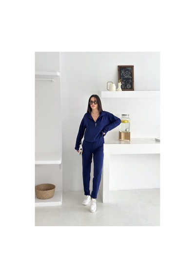 Gugus Kadın Yarım Fermuarlı Model Beli Lastikli Dar Paça Eşofman Takımı Lacivert