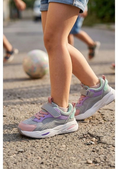 In Step Pixel Fun Kız Çocuk Spor Ayakkabı - Gri Pembe Detaylı, Cırt Cırtlı Gri - Pembe