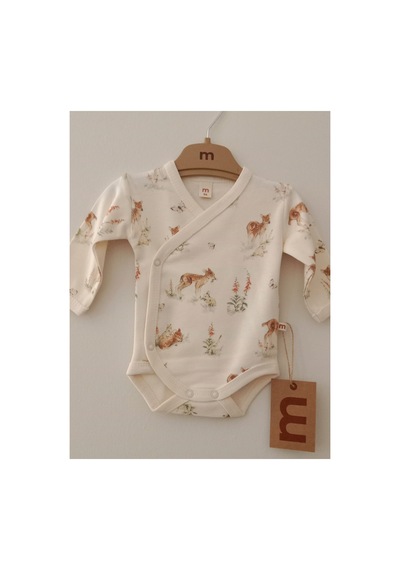 Minisse Çiçek Ve Geyik Baskılı Kruvaze Body Bej 3 Lü Takım 62 Cm Müslin Battaniyeli 4947 Bej Bej