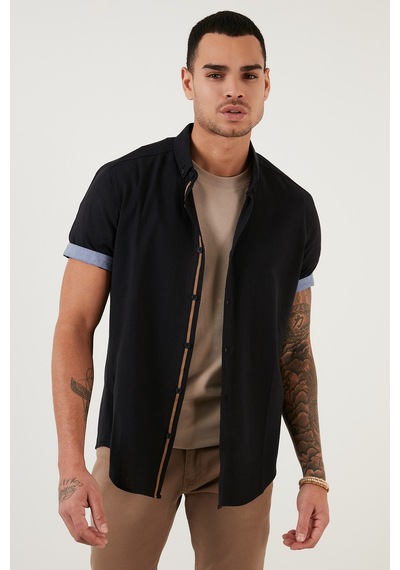 Buratti Pamuklu Slim Fit Düğmeli Yaka Kısa Kollu Erkek Gömlek Cf21S112546 Siyah