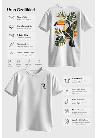 Spoyi Tropik Tukan Tasarımlı %100 Pamuk Yarım Oversize Beyaz T-shirt
