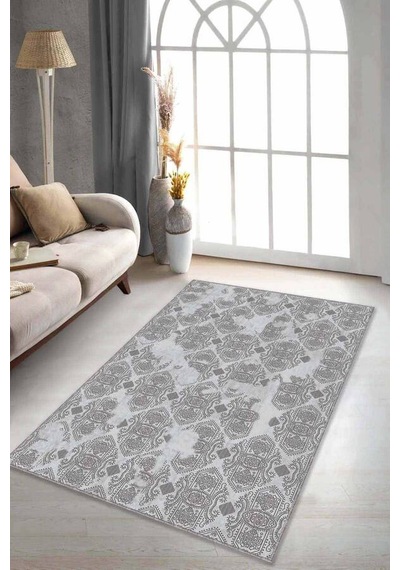 Kahverengi Damask Desen Kaymaz Tabanlı Dekoratif Halı Al002n11