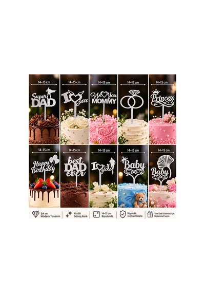 Gümüş-gold Renk Seçenekli Akrilik Pasta Süsü 10 Model Seçenekli 14-15 Cm Doğum Günü Nişan Düğün Baby Shower Pasta Dekoru