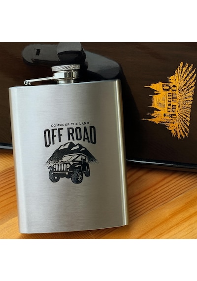 Perlotus 8 Oz 235 Cc Hunili Cep Tipi Kapaklı Çelik Off Road Temalı İçki Matarası Gri