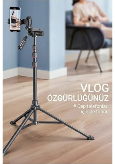 Ayrex Coverzone 1.9 Metre Alüminyum Tripod Telefon Standı, 360 3d Başlık, Bluetooth Uzaktan Kumanda 10m, Telefon K