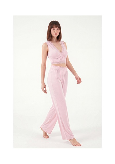 Lela Yumuşak Dokulu Sırtı Bağlamalı Dantelli Crop Pijama Takımı Bayan Pijama Takımı 6575015 Pembe