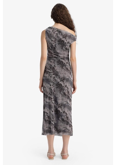Defacto Bodycon Vücudu Saran Açık Omuz Desenli Tül Maxi Elbise F0421ax25augr169 Gri