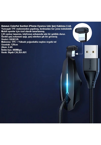 Baseus Colorful Suction iPhone Uyumlu Oyuncu Usb Şarj Kablosu 2.4a 1.2m- 5775