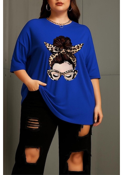 Ceny Kadın Büyük Beden Battal Baskılı Bisiklet Yaka Pamuklu T-shirt Rahat Kesim Unisex Sevgili Kombini Sax Mavısı