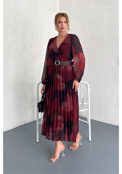 Neşeli Butik Kadın Astarlı Midi Boy Şifon Elbise Nbk20301 Bordo