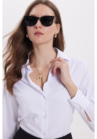 Tudors Kadın Slim Fit Dar Kesim Klasik Yaka Uzun Kollu Beyaz Gömlek-40337 Beyaz