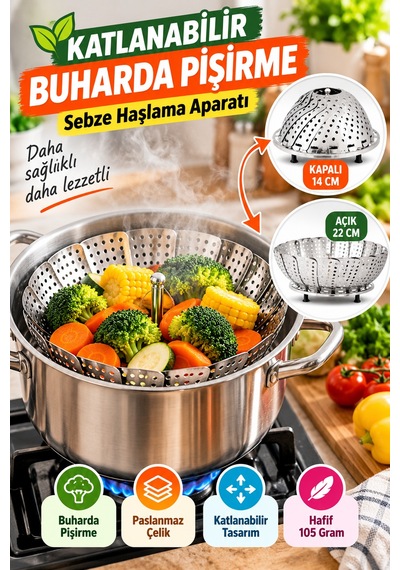 Katlanabilir Paslanmaz Çelik Buharda Sebze Pişirme Haşlama Aparatı 22 Cm Buhar Sepeti Orta Boy Ürün