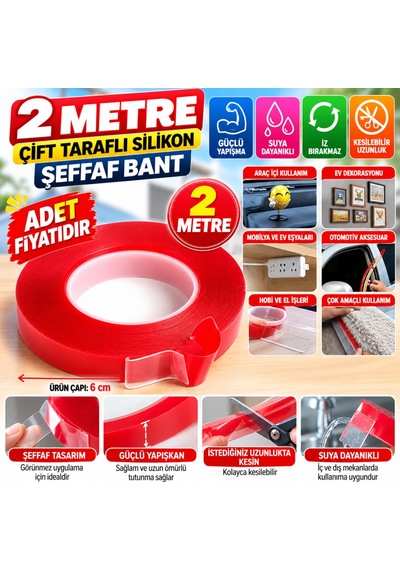 2 Metre Güçlü Yapışkanlı Çift Taraflı Slikon Pratik Şeffaf Bant Adet Fiyatıdır Renkli