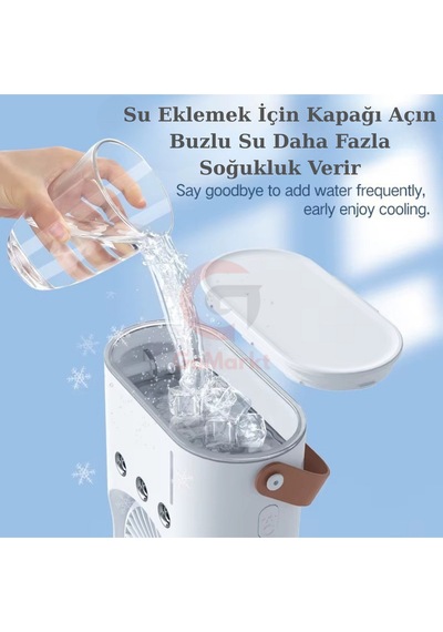 Şarjlı Kumandalı Çift Fanlı Işıklı Su Püskürtmeli Buzlu Nemlendiricili Döner Serinletici Vantilatör
