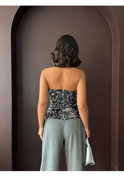 Ckm Moda Rubina Payetli Straplez Bluz Gümüş