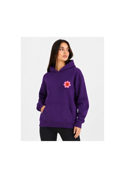 Herkesemoda Emoji Çiçek Baskılı Kapüşonlu 2 İplik Şardonlu Sweatshirt Mor