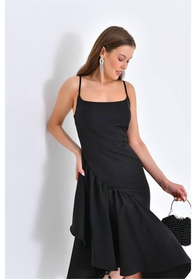 Dip Moda Kadın Siyah Askılı Likralı Abiye Elbise Dpnbswll11 Siyah