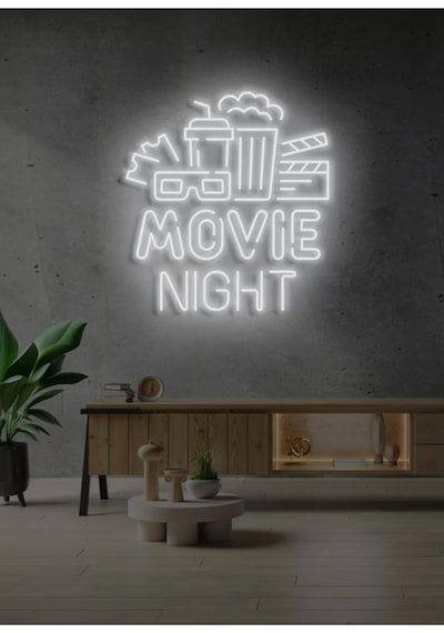 Movıe Nıght Yazılı Ve Şekilli Neon Tabela Beyaz