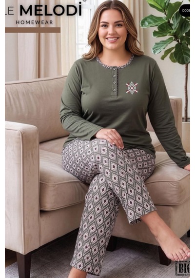 Melodi 17161 Uzun Kol %100 Pamuk Battal Büyük Beden Kadın Pijama Takımı Yeşil