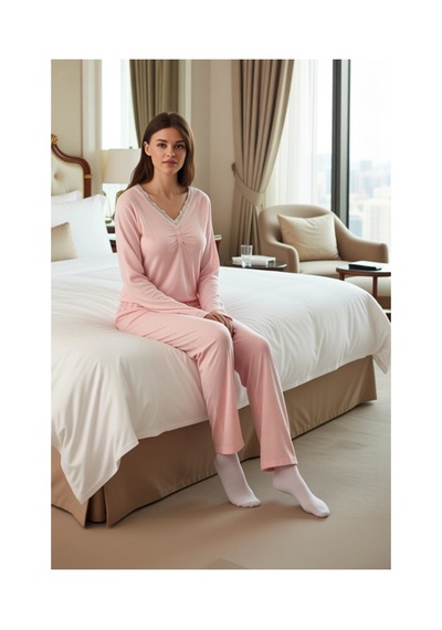 Ersefa Kadın Melanj Dantelli Uzun Kollu Pijama Takımı Fonksiyonel Dayanı Pembe