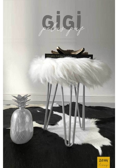 Gigi Peluş Puf, Beyaz Silver Beyaz - Gümüş