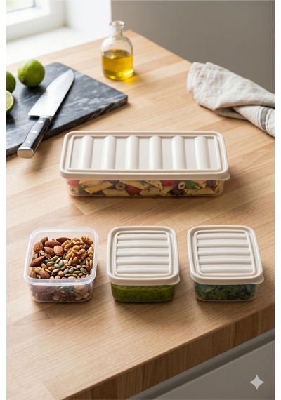 4'lü Modüler Saklama Kabı Seti 1 Litre + 3x250ml Şeffaf Sızdırmaz Kapaklı Mutfak Buzdolabı Organizer Açık Bej