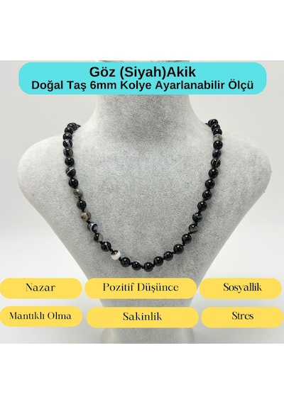 Yıldız Doğal Taş Göz Akik Doğal Taş 6 MM Makrome Kolye 45 CM - 55 CM Ayarlanabilir Siyah