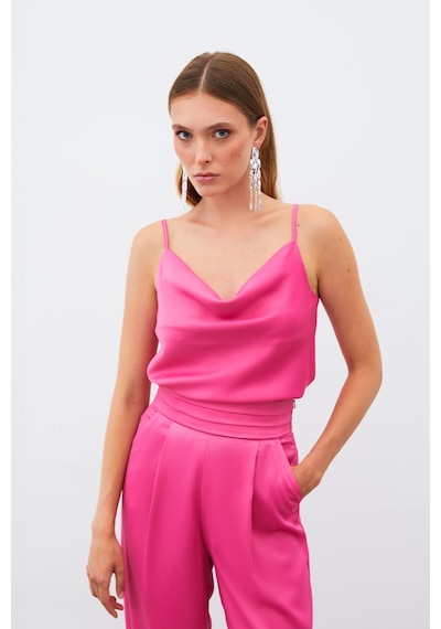 Sateen Degaje Yaka Saten Bluz - Fuşya-131921 Fuşya