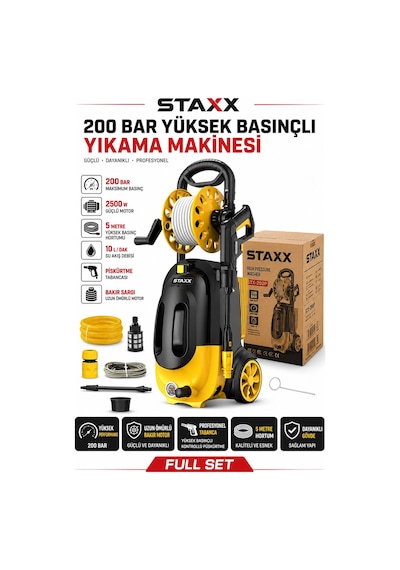 Staxx St20020m 200bar Basınçlı Yıkama Makinesi Çelik Şanzıman Bakır Sargılı Motor Köpük Aparatı