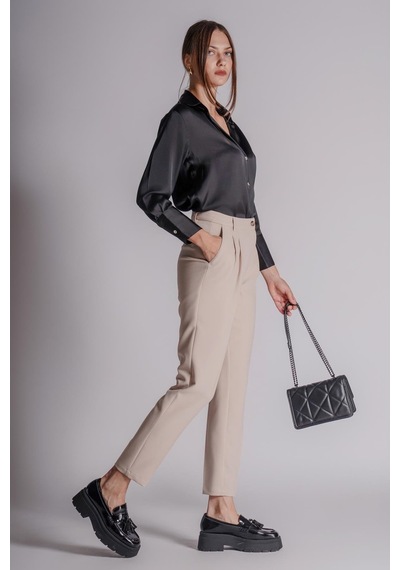 Braccas Kadın Yandan Cepli Arka Cep Fleto Beli Lastikli Ve Pilili Slim Fit Pantolon Taş Taş