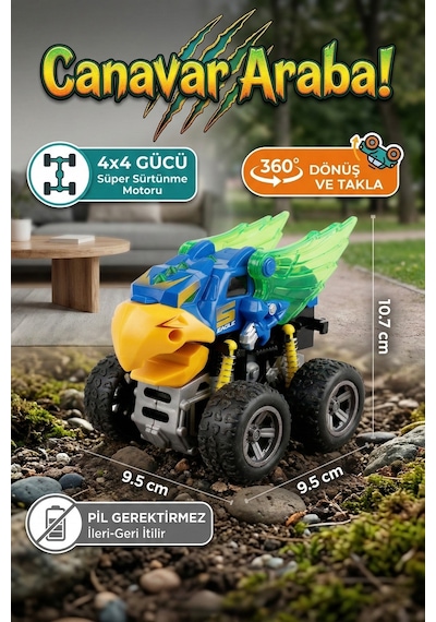Kartal Temalı Canavar Araba Seti - 360 Derece Takla Atan Atalet Motorlu Monster Truck Oyuncak Çok Renkli