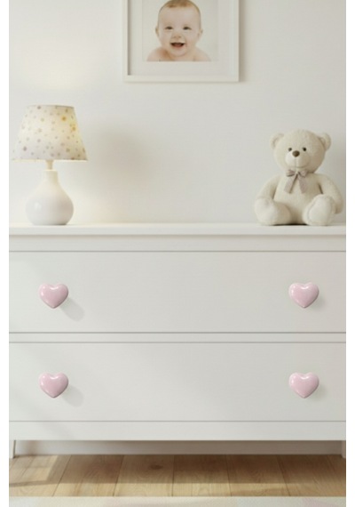 5 Adet Porselen Çocuk Odası Pembe Kalp Mobilya Kulpu Seramik Çekmece Dolap Düğmesi 55x45 MM Pembe