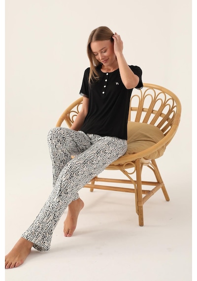 Pierre Cardin Arnetta 2898 Pamuklu Kısa Kollu Kadın Pijama Takımı Siyah Çok Renkli